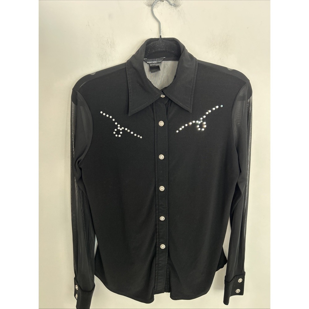 Women's S Rhinestone Western Black Sheer Long‎ Sleeves Diamond Snap Up Blouse